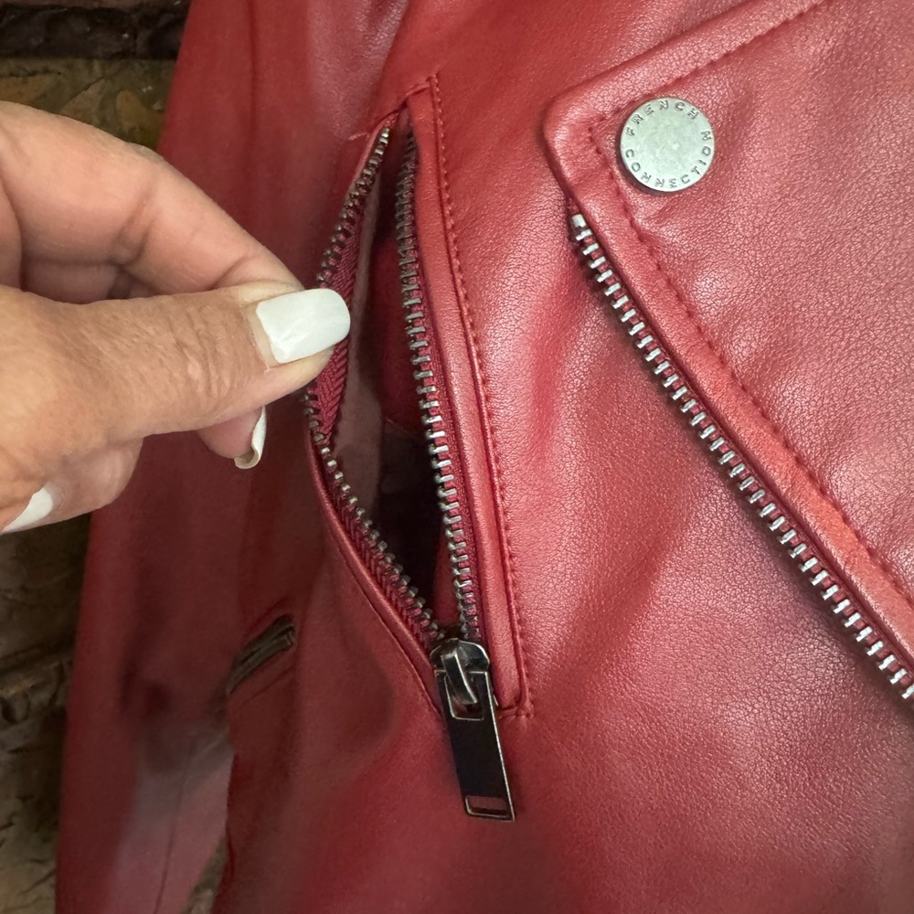 French Connection Red Leatherette Motorcycle Jacket L - Picture 5 of 8